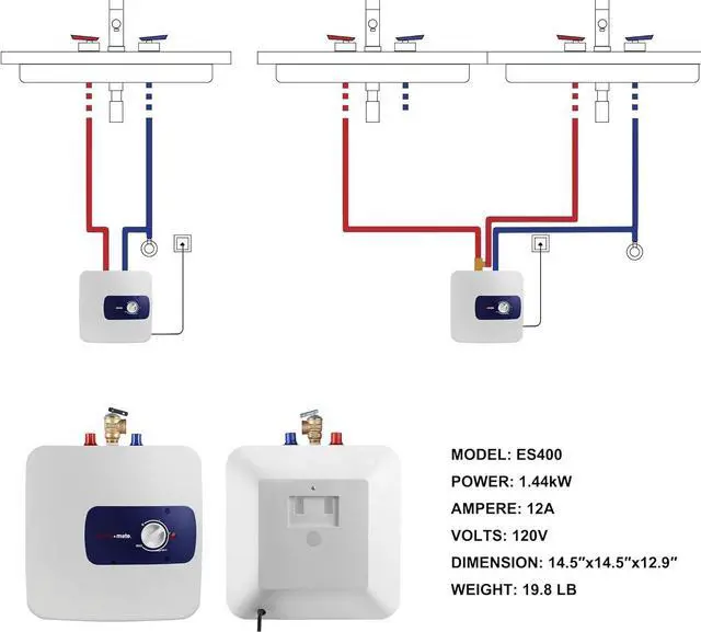 Alt view image 6 of 7 - Thermomate Mini Tank Electric Water Heater ES400 4 Gallons Point of Use Water Heater for Instant Hot Water Under Kitchen Sink 120V 1440W