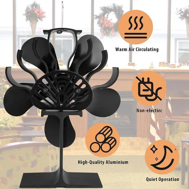 Alt view image 2 of 7 - 5 Blades Heat Powered Stove Fan - PYBBO Non-Electric Silent Motors Wood Burning Stove Fireplace Fan Circulates Warm/Heated Air Eco Fan for Gas/Pellet/Wood/Log Burning Stoves (Thermometer Not Included)