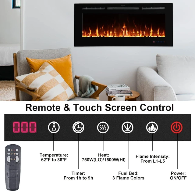 Alt view image 4 of 7 - Dreamflame 50 inch Electric Fireplace Insert for Living Room,Led Recessed Fireplace with Touch&Remote Control Setting Timer,Multiple Flame&Light Color, Temperature,Heater 750/1500W,Black