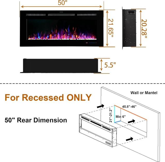 Alt view image 3 of 7 - Dreamflame 50 inch Electric Fireplace Insert for Living Room,Led Recessed Fireplace with Touch&Remote Control Setting Timer,Multiple Flame&Light Color, Temperature,Heater 750/1500W,Black