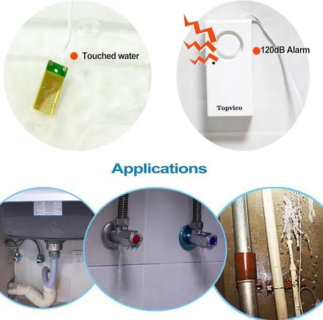 Alt view image 5 of 6 - Topvico Water Leak Detector, 120dB Loud Siren, Powered by 9V Battery (not Include), Sensor Alarm for Kitchen Basement Water Heater, 5 Pack