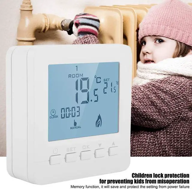 Alt view image 4 of 7 - Thermostat Fireplace (White) - Digital Programmable Thermostat LCD Display Smart Temperature Controller 5A Children Lock misoperation prevented