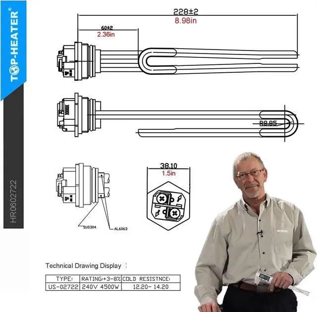 Alt view image 6 of 7 - Water Heater Element Replacement 4500W 240V,Screw-In Foldback Element 02722 by TOP-HEATER,Copper with Nickel Plating,Compatible for Duron Style,Low Watt Density Water Heater Replacement Part 1Pack