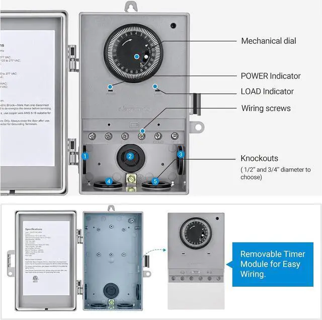 Alt view image 3 of 7 - DEWENWILS Pool Pump Timer, Mechanical Timer Box Outdoor, Heavy Duty 2HP 40A 120-277 VAC, 24-Hour Programmable ON/Off Timer Switch for Water Heater, Pool Pump, ETL Listed