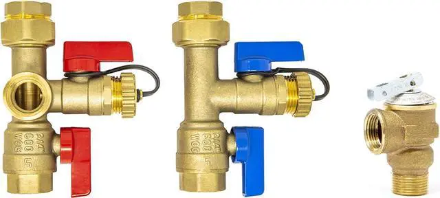Main image of Libra Supply 3/4 inch IPS Isolator Tankless Water Heater Service Valve Kit  3/4'' FNPT X FNPT Thread Brass Isolation Set with Pressure Relief Valve | Pipe Fittings, Supplies & Spare Parts
