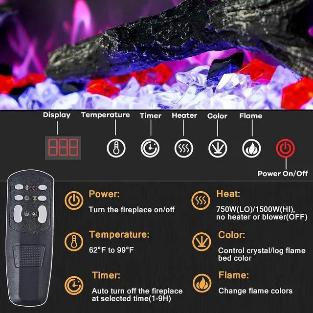 Alt view image 2 of 7 - Kentsky 48 inches Electric Fireplace Inserts, Recessed and Wall Mounted Fireplace Heater, Linear Fireplace w/Thermostat, Remote & Touch Screen, Multicolor Flame, Timer, Log & Crystal, 750W/1500W