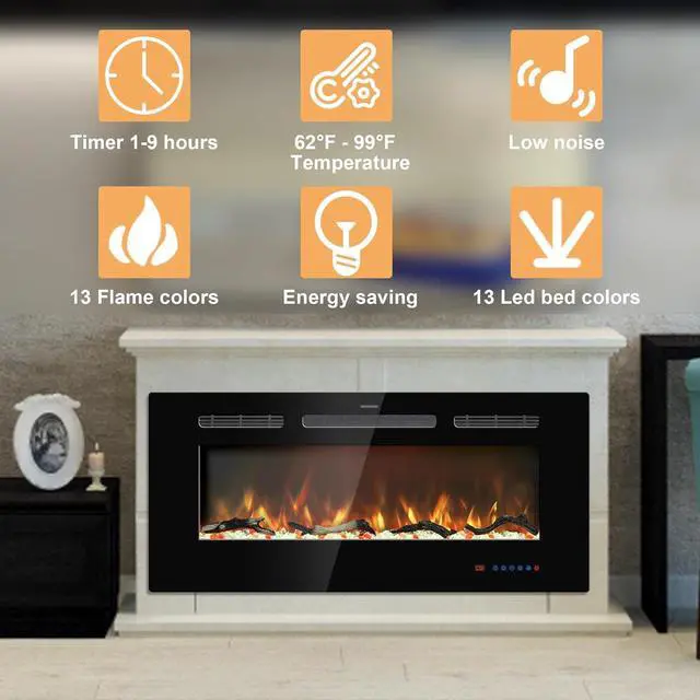 Alt view image 3 of 7 - Kentsky 48 inches Electric Fireplace Inserts, Recessed and Wall Mounted Fireplace Heater, Linear Fireplace w/Thermostat, Remote & Touch Screen, Multicolor Flame, Timer, Log & Crystal, 750W/1500W