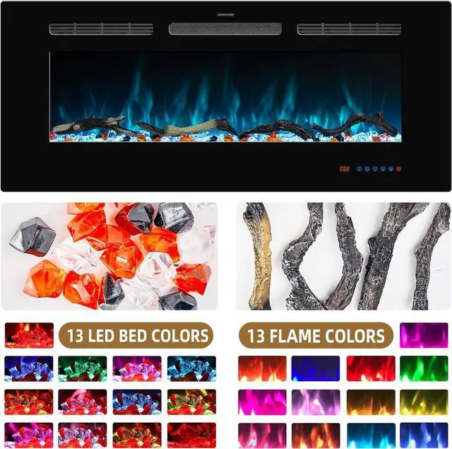 Alt view image 4 of 7 - Kentsky 48 inches Electric Fireplace Inserts, Recessed and Wall Mounted Fireplace Heater, Linear Fireplace w/Thermostat, Remote & Touch Screen, Multicolor Flame, Timer, Log & Crystal, 750W/1500W