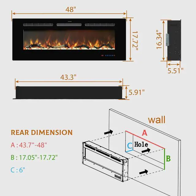 Alt view image 6 of 7 - Kentsky 48 inches Electric Fireplace Inserts, Recessed and Wall Mounted Fireplace Heater, Linear Fireplace w/Thermostat, Remote & Touch Screen, Multicolor Flame, Timer, Log & Crystal, 750W/1500W