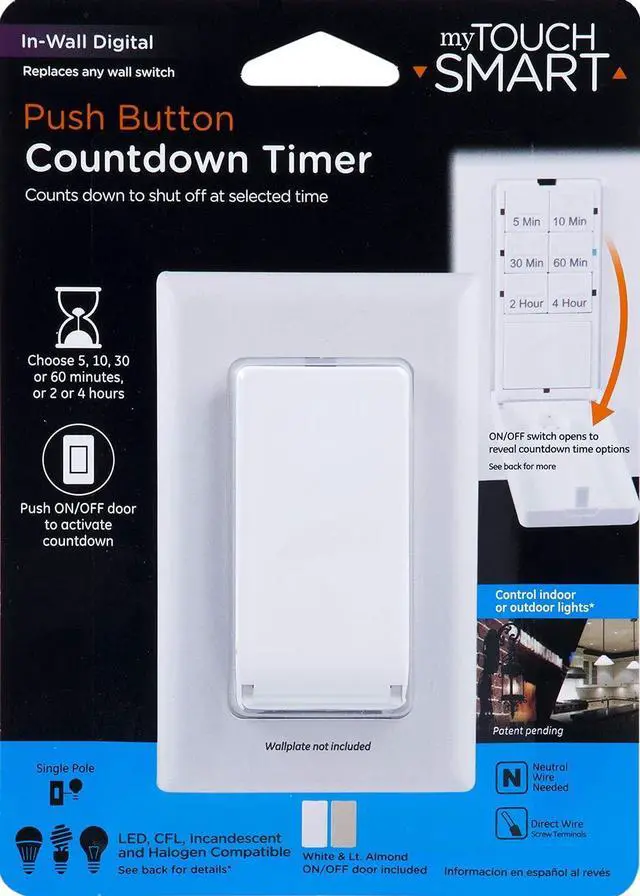 Main image of myTouchSmart Push Button in-Wall Digital Countdown Timer Switch, ON/Off Door Button, 5-10-30-60 Min. and 2  4 Hr Presets, for Lights, Exhaust Fans, Heaters, White/Lt. Almond Doors Included, 40953