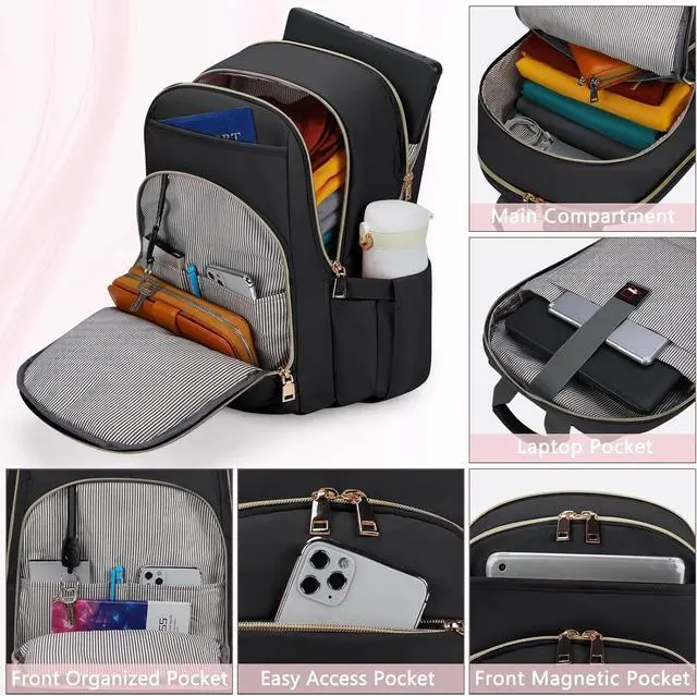 Alt view image 2 of 7 - Laptop Backpack for Women 15.6 Inch Travel Backpack With USB Port, Lightweight School Backpack Waterproof Computer Bag for School Work Travel, Black