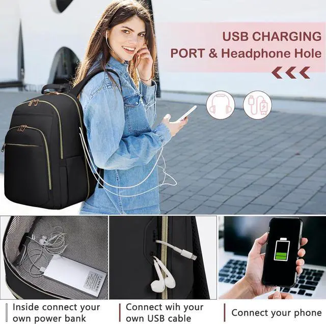Alt view image 3 of 7 - Laptop Backpack for Women 15.6 Inch Travel Backpack With USB Port, Lightweight School Backpack Waterproof Computer Bag for School Work Travel, Black