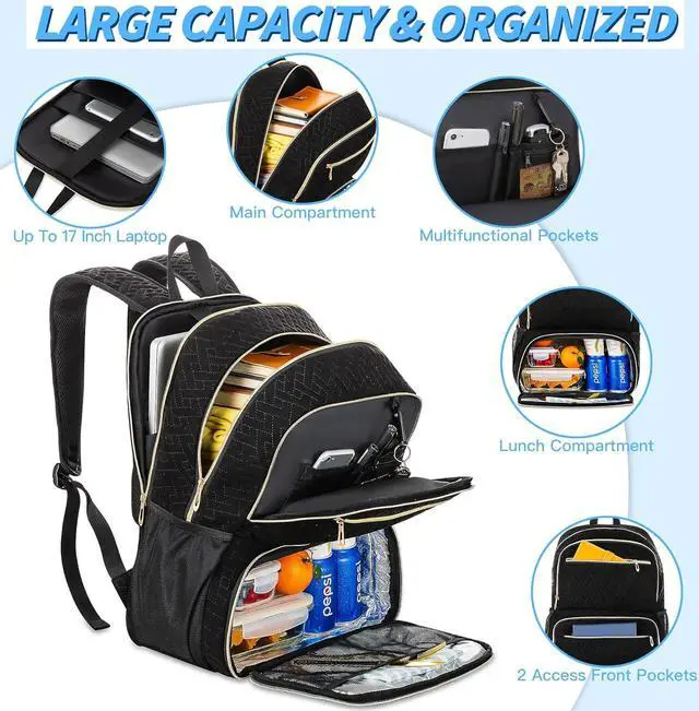 Alt view image 3 of 7 - Laptop Backpack for Women & Men, 17 inch with USB Charging Port, Large Computer Backpack with Insulated Lunch Compartment for Work Travel (Black, 17in)