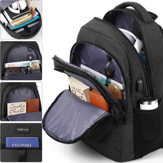Alt view image 3 of 7 - YAMTION Black Backpack for Men and Women,School Backpack Bookbag for Teen Boys and Girls Laptop Backpack with USB for Collge Work Business