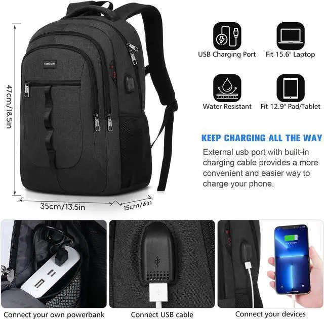 Alt view image 7 of 7 - YAMTION Black Backpack for Men and Women,School Backpack Bookbag for Teen Boys and Girls Laptop Backpack with USB for Collge Work Business