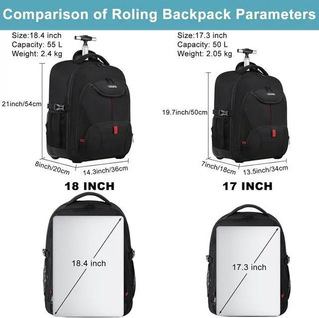 Alt view image 2 of 7 - 18inch Travel Laptop Backpack with Wheels Large Rolling Backpacks for Men Women Adults Wheeled Carry on Luggage Bag Waterproof Hiking Roller Backpack College Computer Trolley Bookbag, Black