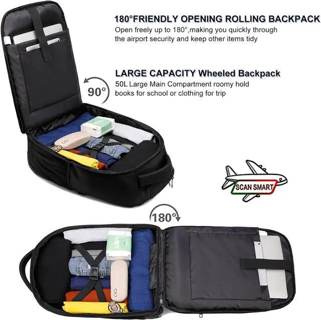 Alt view image 3 of 7 - 18inch Travel Laptop Backpack with Wheels Large Rolling Backpacks for Men Women Adults Wheeled Carry on Luggage Bag Waterproof Hiking Roller Backpack College Computer Trolley Bookbag, Black