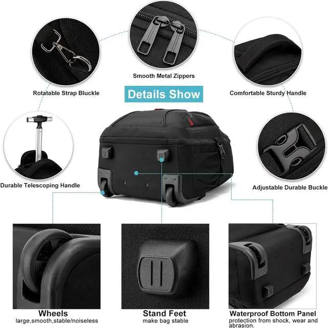 Alt view image 4 of 7 - 18inch Travel Laptop Backpack with Wheels Large Rolling Backpacks for Men Women Adults Wheeled Carry on Luggage Bag Waterproof Hiking Roller Backpack College Computer Trolley Bookbag, Black