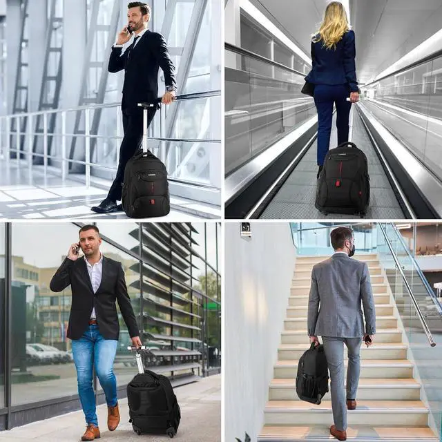 Alt view image 6 of 7 - 18inch Travel Laptop Backpack with Wheels Large Rolling Backpacks for Men Women Adults Wheeled Carry on Luggage Bag Waterproof Hiking Roller Backpack College Computer Trolley Bookbag, Black