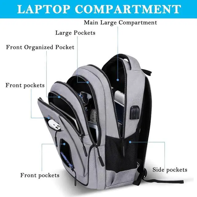 Alt view image 2 of 7 - Laptop Backpack 15.6 Inch Travel Backpack with USB Charging Port Large Waterproof Computer Backpack College Backpack for Work Business School Carry on Backpack for Men and Women, Light Grey