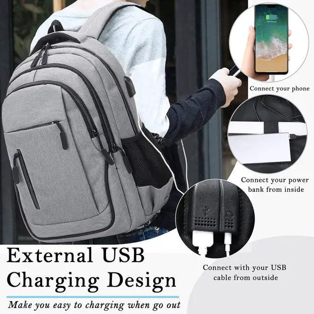 Alt view image 3 of 7 - Laptop Backpack 15.6 Inch Travel Backpack with USB Charging Port Large Waterproof Computer Backpack College Backpack for Work Business School Carry on Backpack for Men and Women, Light Grey