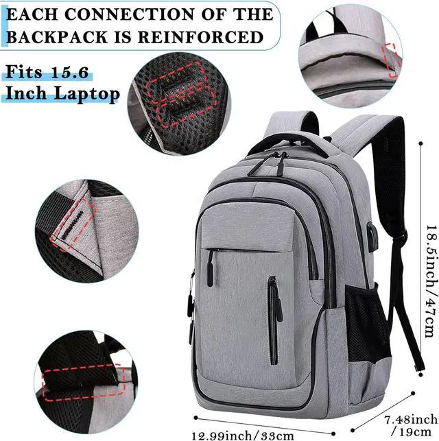 Alt view image 5 of 7 - Laptop Backpack 15.6 Inch Travel Backpack with USB Charging Port Large Waterproof Computer Backpack College Backpack for Work Business School Carry on Backpack for Men and Women, Light Grey