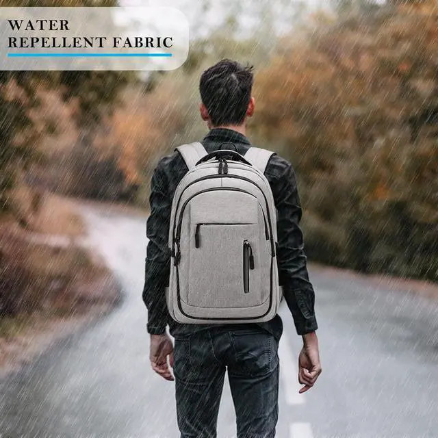 Alt view image 6 of 7 - Laptop Backpack 15.6 Inch Travel Backpack with USB Charging Port Large Waterproof Computer Backpack College Backpack for Work Business School Carry on Backpack for Men and Women, Light Grey