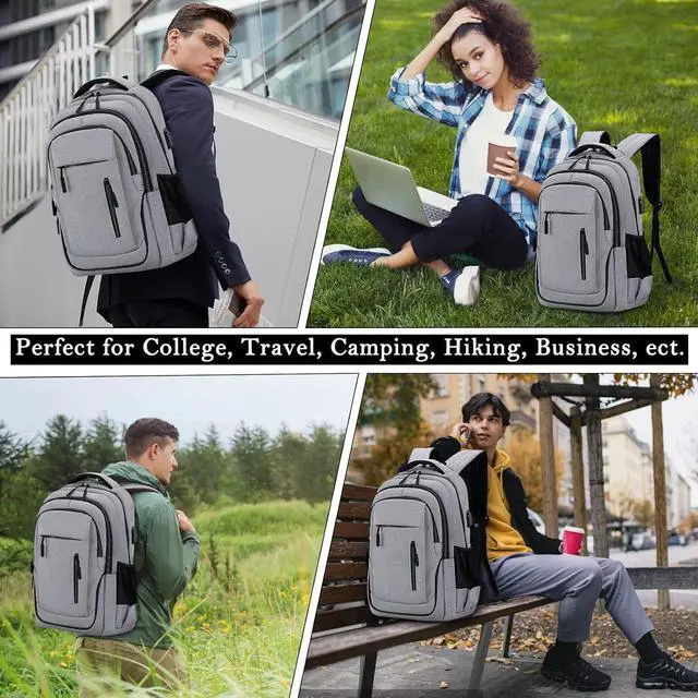 Alt view image 7 of 7 - Laptop Backpack 15.6 Inch Travel Backpack with USB Charging Port Large Waterproof Computer Backpack College Backpack for Work Business School Carry on Backpack for Men and Women, Light Grey