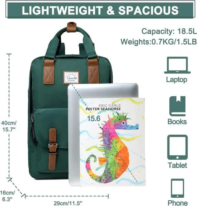 Alt view image 2 of 7 - School Backpack,VASCHY Unisex Vintage Water Resistant 15in Laptop Backpack Bookbag for College (Blackish Green)