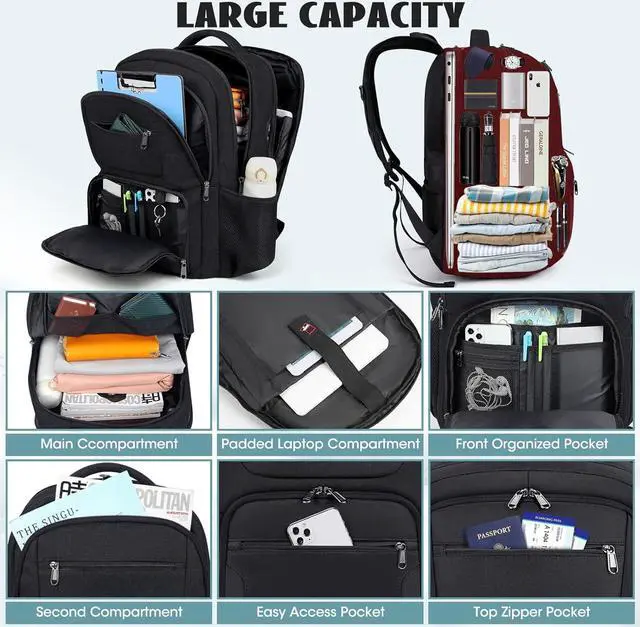 Alt view image 2 of 7 - Travel Laptop Backpack, 17.3 Inch Extra Large Laptop Backpack with USB Charging Port 45L Travel Backpack for Men Women Water Resistant Computer Backpack for College School Work Business, Black