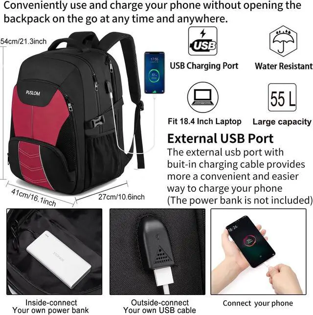 Alt view image 2 of 6 - Extra Large Travel Laptop Backpack for Men 55L,Water Resistant 18.4 inch Big Business Laptop bags with USB Charging Port,TSA Friendly Anti Theft Computer Bag for Work College,Red