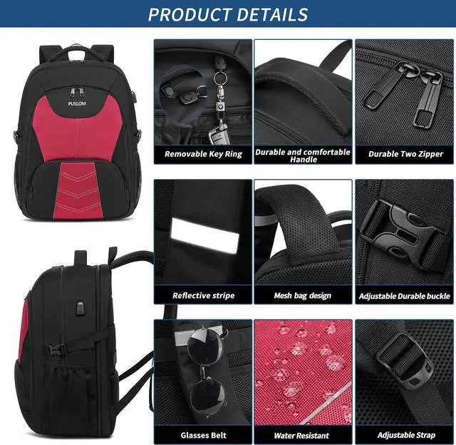Alt view image 4 of 6 - Extra Large Travel Laptop Backpack for Men 55L,Water Resistant 18.4 inch Big Business Laptop bags with USB Charging Port,TSA Friendly Anti Theft Computer Bag for Work College,Red