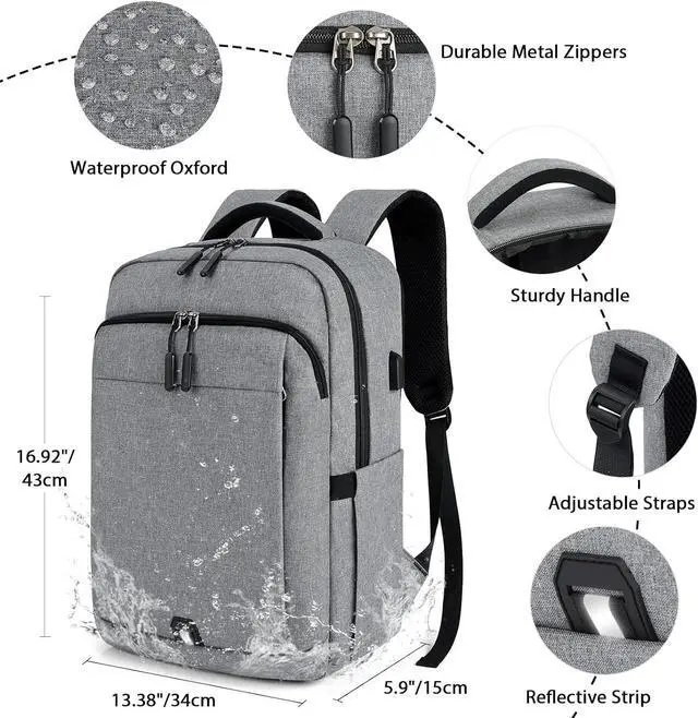 Alt view image 4 of 6 - Laptop Backpack 15.6 inch Travel Backpack for Men and Women Anti Theft Backpacks with USB Charging Port Large Waterproof Computer Backpack for Work School, Grey