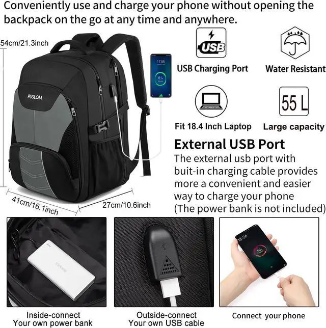 Alt view image 2 of 6 - Extra Large Travel Laptop Backpack for Men 55L,Water Resistant 18.4 inch Big Business Laptop bags with USB Charging Port,TSA Friendly Anti Theft Computer Bag for Work College,Grey