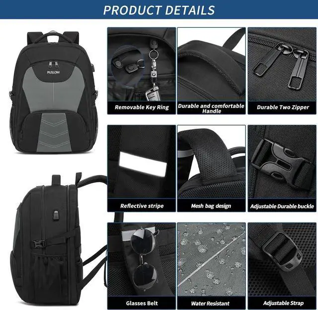 Alt view image 4 of 6 - Extra Large Travel Laptop Backpack for Men 55L,Water Resistant 18.4 inch Big Business Laptop bags with USB Charging Port,TSA Friendly Anti Theft Computer Bag for Work College,Grey