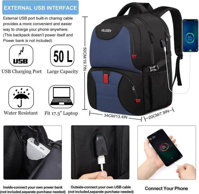 Alt view image 6 of 7 - Extra Large Backpack for Men 50L,Lunch Backpack Business Work Backpack with USB Charging Port,Water Resistant TSA Friendly Big 17.3 inch Travel Laptop Computer Bag College School Bookbags Blue