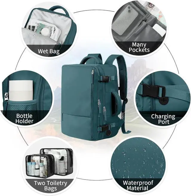 Alt view image 4 of 7 - Hanples Travel Backpack for Women as Person Item Flight Approved, Large Carry On Backpack, 17.3 Inch Laptop Backpack, Waterproof Backpack, Hiking Backpack, Casual Bag (Peacock Blue)