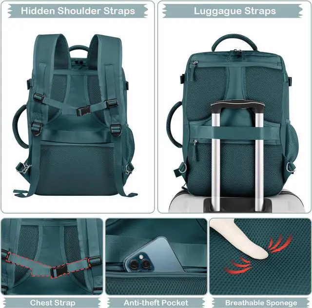 Alt view image 5 of 7 - Hanples Travel Backpack for Women as Person Item Flight Approved, Large Carry On Backpack, 17.3 Inch Laptop Backpack, Waterproof Backpack, Hiking Backpack, Casual Bag (Peacock Blue)