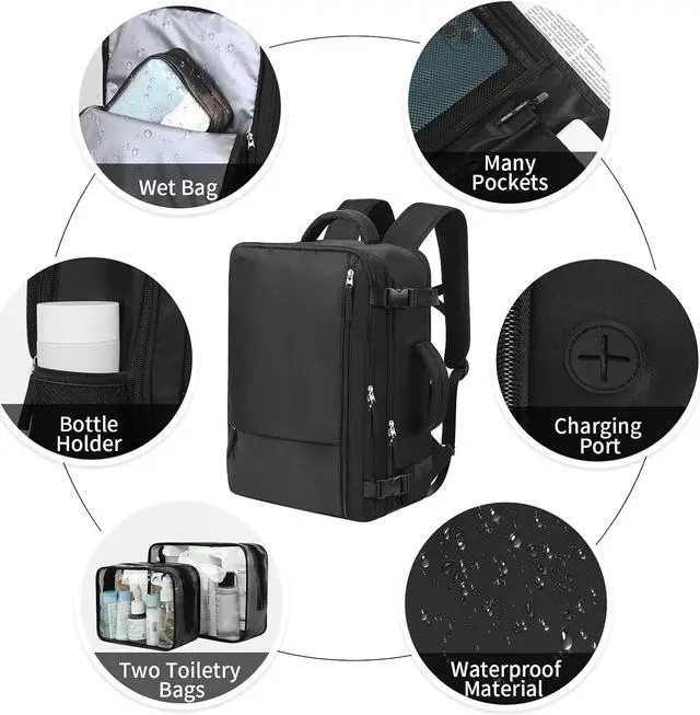 Alt view image 4 of 7 - Hanples Travel Backpack for Women as Person Item Flight Approved, Large Carry On Backpack, 17.3 Inch Laptop Backpack, Waterproof Backpack, Hiking Backpack, Casual Bag (Black)