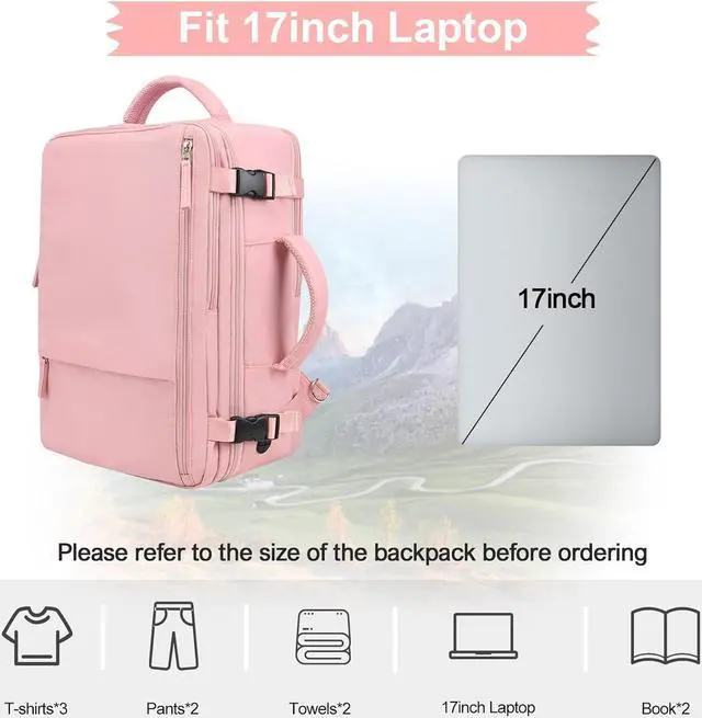 Alt view image 3 of 7 - Hanples Travel Backpack for Women as Person Item Flight Approved, Large Carry On Backpack, 17.3 Inch Laptop Backpack, Waterproof Backpack, Hiking Backpack, Casual Bag (Pink)