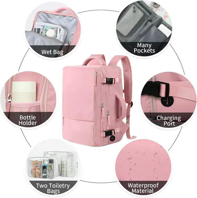 Alt view image 4 of 7 - Hanples Travel Backpack for Women as Person Item Flight Approved, Large Carry On Backpack, 17.3 Inch Laptop Backpack, Waterproof Backpack, Hiking Backpack, Casual Bag (Pink)