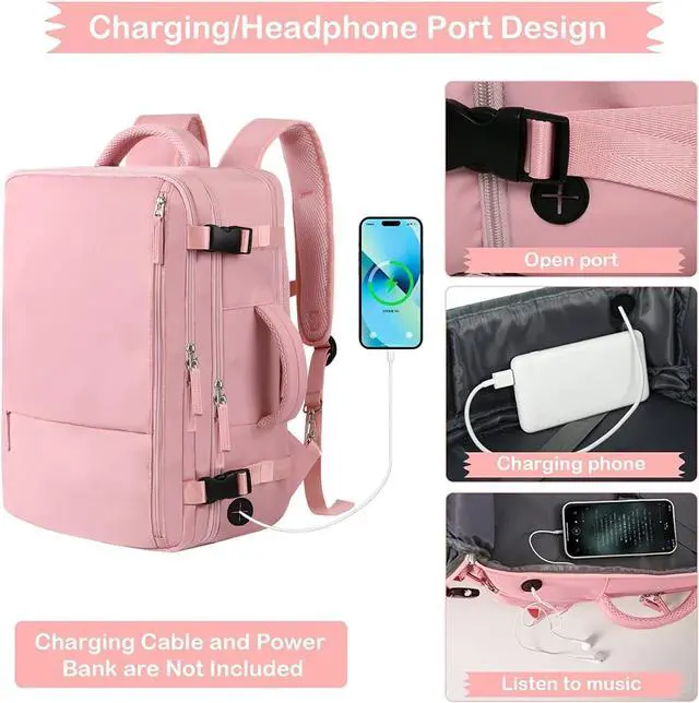 Alt view image 6 of 7 - Hanples Travel Backpack for Women as Person Item Flight Approved, Large Carry On Backpack, 17.3 Inch Laptop Backpack, Waterproof Backpack, Hiking Backpack, Casual Bag (Pink)