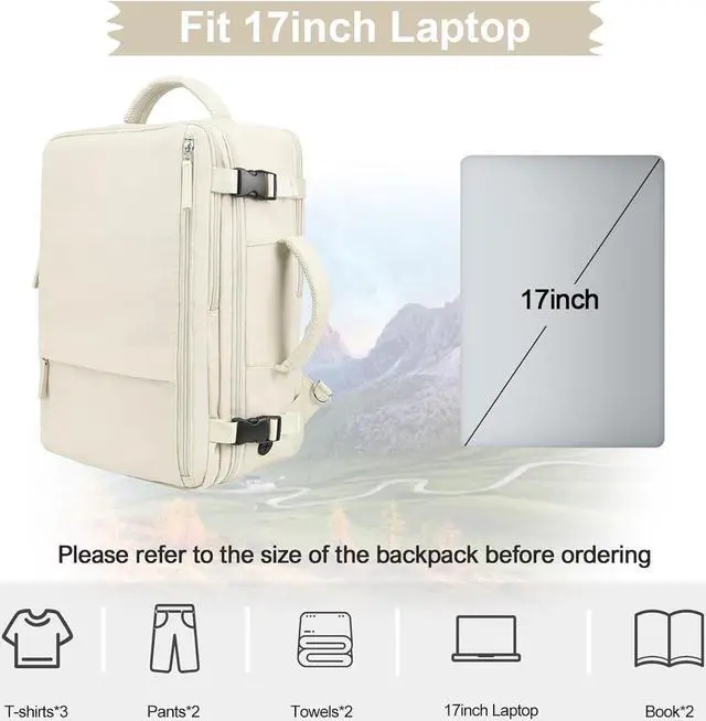 Alt view image 3 of 7 - Hanples Travel Backpack for Women as Person Item Flight Approved, Large Carry On Backpack, 17.3 Inch Laptop Backpack, Waterproof Backpack, Hiking Backpack, Casual Bag (Beige)