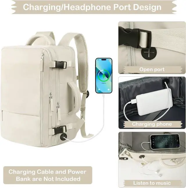 Alt view image 6 of 7 - Hanples Travel Backpack for Women as Person Item Flight Approved, Large Carry On Backpack, 17.3 Inch Laptop Backpack, Waterproof Backpack, Hiking Backpack, Casual Bag (Beige)