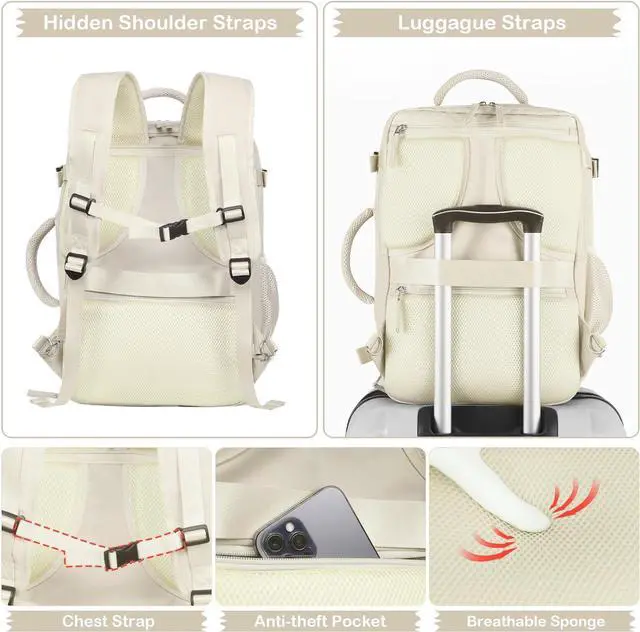 Alt view image 5 of 7 - Hanples Travel Backpack for Women as Person Item Flight Approved, Large Carry On Backpack, 17.3 Inch Laptop Backpack, Waterproof Backpack, Hiking Backpack, Casual Bag (Beige)