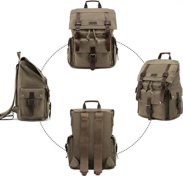 Alt view image 7 of 7 - Kattee Mens Leather Canvas Backpack Large School Bag Travel Rucksack Army Green