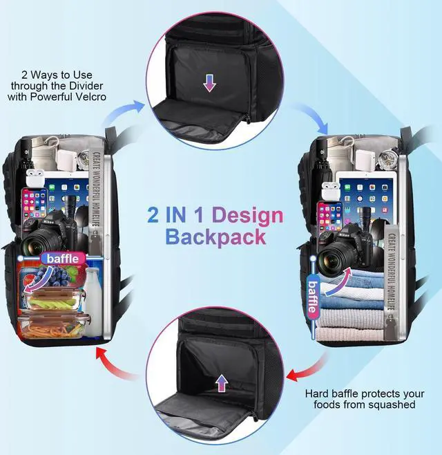 Alt view image 2 of 7 - BERTASCHE Lunch Backpack, Laptop Backpack 15.6 inch Work Backpack w/Insulated Cooler Lunch box for Men Women, Casual Daypack for Work Commuter Picnic College,Black