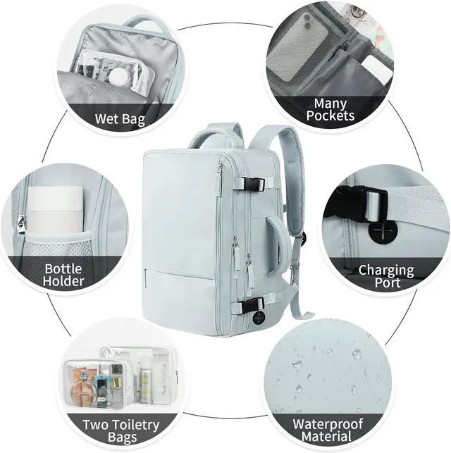 Alt view image 4 of 7 - Hanples Travel Backpack for Women as Person Item Flight Approved, Large Carry On Backpack, 17.3 Inch Laptop Backpack, Waterproof Backpack, Hiking Backpack, Casual Bag (Light Blue)