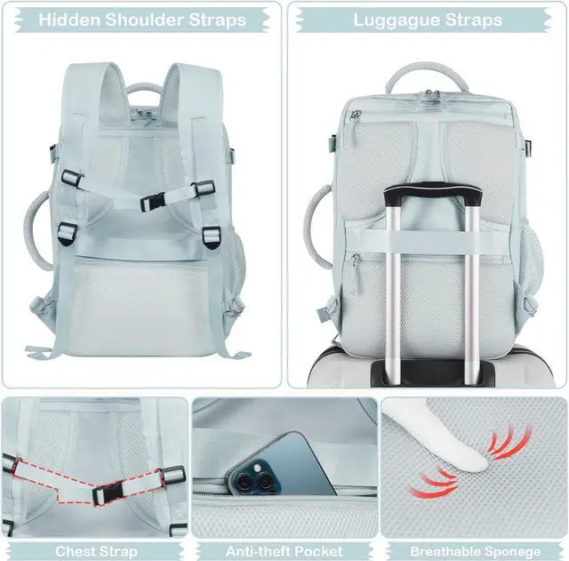 Alt view image 5 of 7 - Hanples Travel Backpack for Women as Person Item Flight Approved, Large Carry On Backpack, 17.3 Inch Laptop Backpack, Waterproof Backpack, Hiking Backpack, Casual Bag (Light Blue)