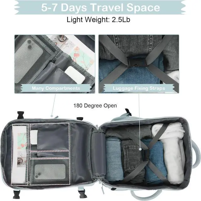 Alt view image 7 of 7 - Hanples Travel Backpack for Women as Person Item Flight Approved, Large Carry On Backpack, 17.3 Inch Laptop Backpack, Waterproof Backpack, Hiking Backpack, Casual Bag (Light Blue)